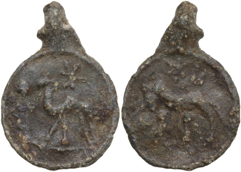 PB Tessera, 1st century BC-1st century AD. D/ Standing figure holding bridle of ...