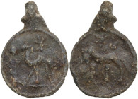 PB Tessera, 1st century BC-1st century AD. D/ Standing figure holding bridle of camel standing left; above, star. R/ Horse standing left; above, star....