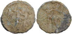 PB Tessera, 1st century BC-1st century AD. D/ Horseman right, raising one arm. R/ Standing figure holding bridled horse standing behind him with right...
