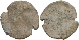 PB Tessera, 1st century BC-1st century AD. D/ Uncertain. R/ Athena (?) standing left, holding Victory (?) and spear. PB. 2.93 g. 18.00 mm. Good F.