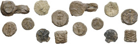 Lot of seven (7) lead tesserae, including a complete seal. From the Roman Republican to the Early Medieval period. PB. Study lot. The complete seal is...