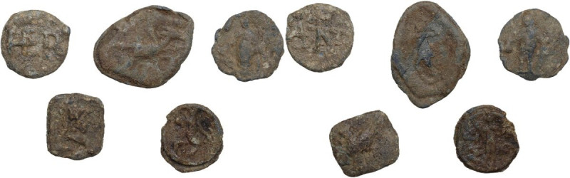 Multiple lot of five (5) unclassified leaden tesserae. Lead. A good study lot.