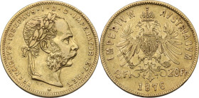 Austria. Franz Joseph (1848-1916). AV 8 florins / 20 francs 1876, Vienna mint. Fried. 502. AV. 6.41 g. 21.00 mm. XF/AU.
