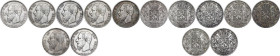Belgium. Leopold II (1865-1909), King of the Belgians. Lot of seven (7) AR 5 francs of Leopold II of Belgium, including years: 1867, 1870, (5) 1873. A...
