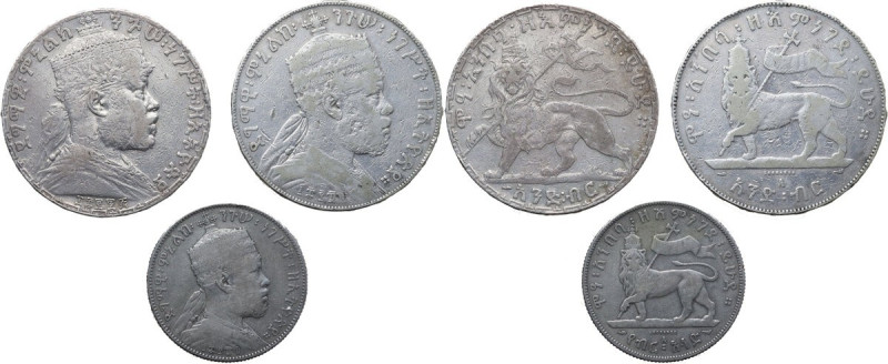 Ethiopia. Menelik II (1889-1913). Lot of three (3) AR Ethiopian coins, including...
