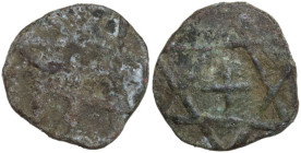 France. Merovingian. AE Deniers, Reims (?), 8th century. Obv. Monogram R/S AEN. Rev. David's star with cross in the centre. cf. Bais. 281. AE. 1.36 g....