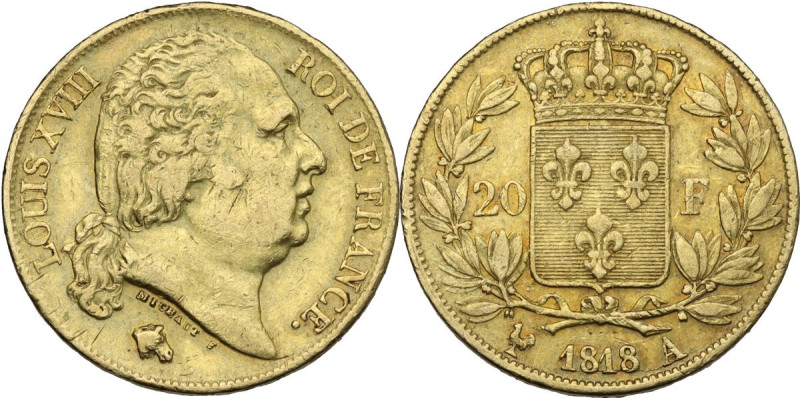 France. Louis XVIII (1814-1824), King of France. AV 20 Francs 1818 A, Paris mint...