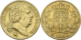 France. Louis XVIII (1814-1824), King of France. AV 20 Francs 1818 A, Paris mint. Fried. 538. AV. 6.37 g. 20.75 mm. AU.