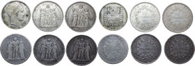 France. Lot of six (6) AR coins: 5 francs 18--, 1875, 1876, 1965, 1966, 20 francs 1934. AR.