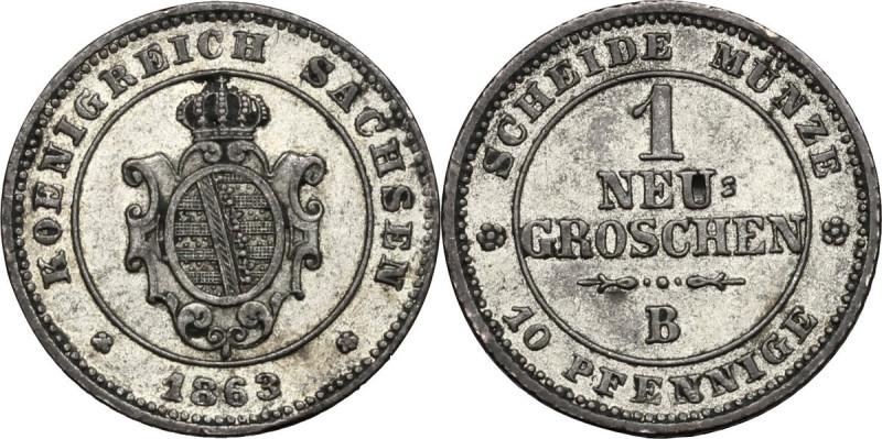 Germany, Sachsen. Johann (1854-1873). AR 1 Neu Groschen 1863 B. KM 255. AR. 17.0...