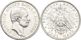 Germany, Sachsen. Friedrich August III (1904-1918). AR 3 Mark E, Muldenhütten mint, 1913. Obv. Head of Friedrich August right. Rev. Imperial eagle. KM...