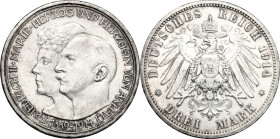 Germany. Anhalt-Dessau. Friedrich II (1904-1918). AR 3 Mark, Berlin mint, 1914. Obv. Heads of Friedrich and his wife, Marie left. Rev. Imperial eagle....