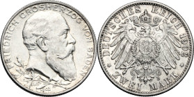 Germany. Baden. Friedrich I (1852-1907). AR 2 Mark, Karlsruhe mint, 1902. Obv. Head of Friedrich right; beneath, olive-branch. Rev. Imperial eagle. AR...