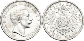 Germany. Prussia. Wilhelm II (1888-1918). AR 2 Mark 1907, Berlin mint. Obv. Head of Wilhelm right. Rev. Imperial eagle. KM 522. AR. 11.10 g. 28.00 mm....