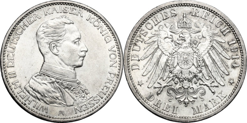 Germany. Prussia. Wilhelm II (1888-1918). AR 3 Mark, Berlin mint, 1914. Obv. Bus...
