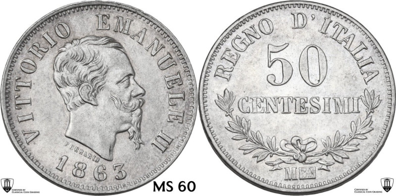 Italy. House of Savoy. Vittorio Emanuele II (1861-1878). AR 50 Centesimi 1863 Mi...