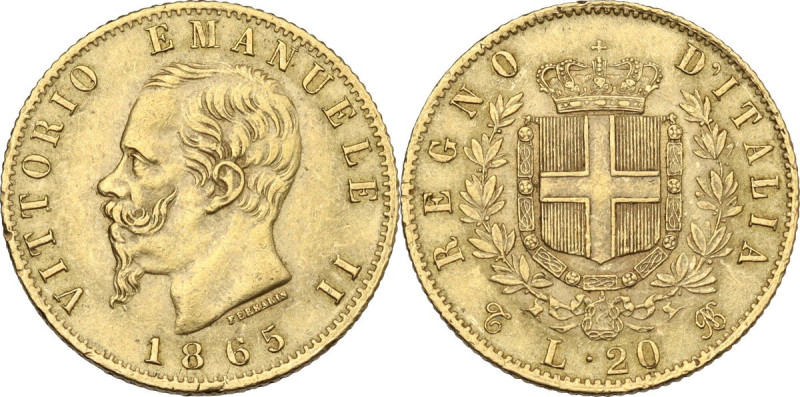Italy. House of Savoy. Vittorio Emanuele II (1861-1878). AV 20 lire 1865, Torino...