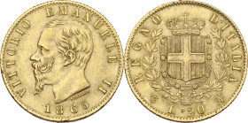 Italy. House of Savoy. Vittorio Emanuele II (1861-1878). AV 20 lire 1865, Torino mint. Pag. (Regno) 459; MIR (Savoia) 1078f. AV. 6.45 g. 20.75 mm. AU/...