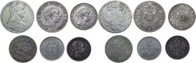 Lot of six (6) German area coins, including; 1 Thaler 1780, 1 Thaler 1861, 1 Florin 1882, fünf Mark 1899, drei Mark 1910, fünf Reichsmark 1934. AR.