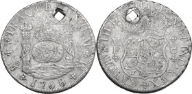 Mexico. Carlos III (1759-1788). AR 8 Reales, 1768, Mexico City. KM 105. AR. 26.01 g. 39.00 mm. Square hole (countermark ?) for suspension made in anti...