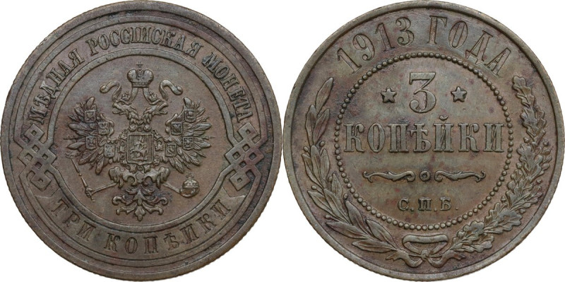 Russia. Nicola II (1894 - 1917). 3 Kopek 1913 C∏M. KM 11.2. AE. 9.70 g. 28.00 mm...