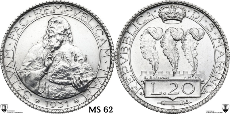 San Marino. Seconda monetazione (1931-1938). AR 20 lire 1931. Pag. (Regno) 342; ...