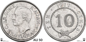 Sarawak. Charles J. Brooke, Rajah (1868-1917). AR 10 Cents 1911. KM 9. AR. 2.60 g. 18.00 mm. Nick on edge. AU 50. Encapsulated by Classical Coin Gradi...