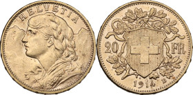 Switzerland. Confederation (1848- ). AV 20 Francs 1914 B, Bern mint. KM 35.1; Fried. 499. AV. 6.44 g. 20.75 mm. MS.