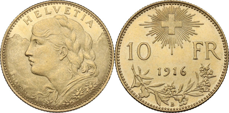 Switzerland. Confederation (1848- ). AV 10 francs 1916 B, Bern mint. Fried. 504;...