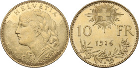 Switzerland. Confederation (1848- ). AV 10 francs 1916 B, Bern mint. Fried. 504; KM 36. AV. 3.21 g. 18.50 mm. MS.