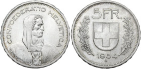 Switzerland. Confederatio Helvetica. AR 5 francs 1954 B, Bern mint. AR. 15.01 g. 31.00 mm. MS.
