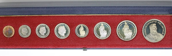 Switzerland. Serie (1,5,10,20 Rappen, 1/2,1,2,5 Francs) Proof 1980 in official b...