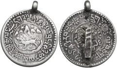 Tibet. Pseudo-autonomous period (1912-1951). AR 3 Srang. Sho-srang coinage. KM (Y) 26. AR. 5.80 g. 24.00 mm. Suspension loop and stick attached on rev...