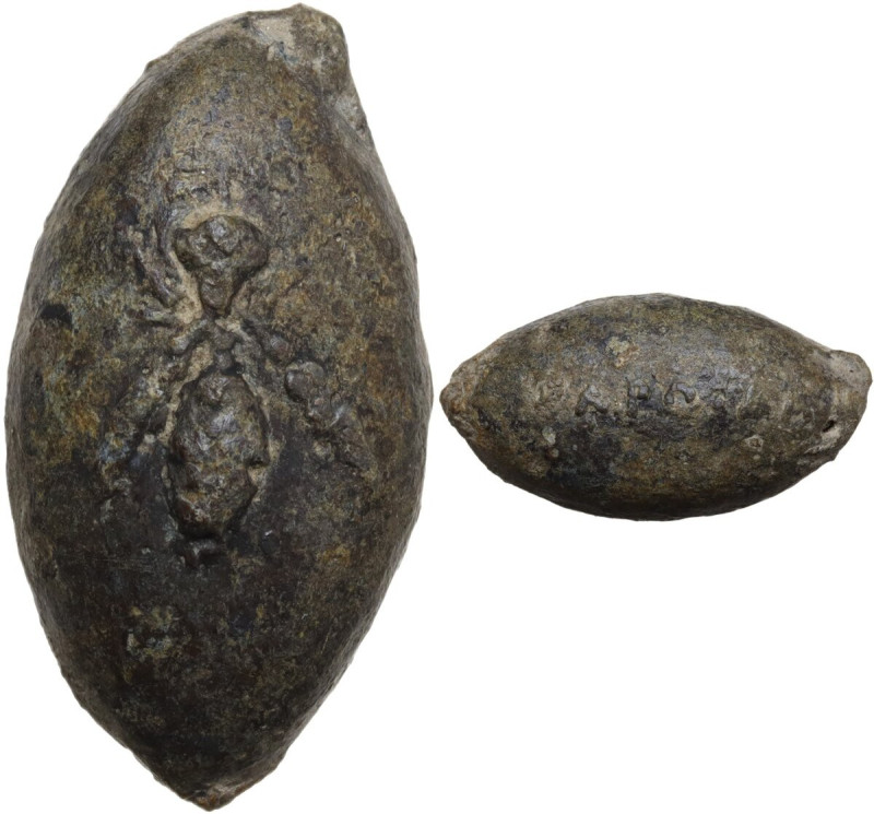 Greek world. Lead slingshot bullet. Bee and inscription. 29 mm.