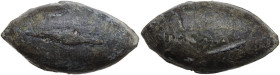 Greek world. Lead slingshot bullet. Spear head and inscription. 30 mm.