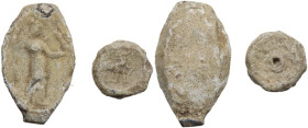 Greek and Roman World. Lot of two (2) lead seals. Oval: Athena standing right, holding spear and Nike. 27x16mm. Round: Standing figure in military att...