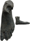 Greek or Roman. Bronze left foot. Most likely votive. 33x11 mm, height: 17 mm. In healing sanctuaries of the Antiquity it was common practice to donat...