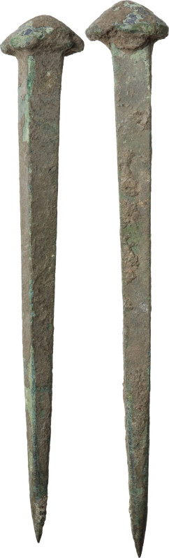 Roman period. Long bronze square section nail with domed head. 116x18 mm. A Roma...