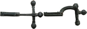 Roman period, 3rd-4th century. Bronze fibula in shape of a crossbow, ornamented. 74x50 mm. Needle missing but in general great conditions.