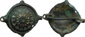 Late Roman period, Balkans. Bronze fibula with enamel inlaid. 27 mm. Complete and in great conditions for the typology.