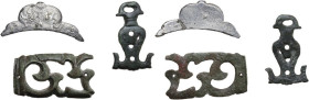 Roman to Medieval period. Lot of three (3) items; (2) bronze appliqués, probably parts of the decoration of a casket and/or an handle and a silver-gil...