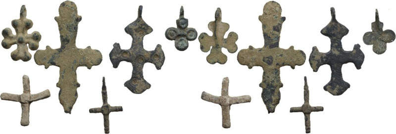 Byzantine. Lot of six items; bronze (5) and lead (1) cross pendants in various s...