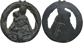 Medieval period, Balkans. Bronze decorative element. Madonna with Child within wreath. Both crowned, Madonna wearing an elaborately decorated mantle. ...