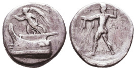 KINGS of MACEDON. Demetrios I Poliorketes. 306-283 BC. AR Drachm. Tarsos mint. Struck circa 298-295 BC. Nike standing left on prow of galley left, blo...