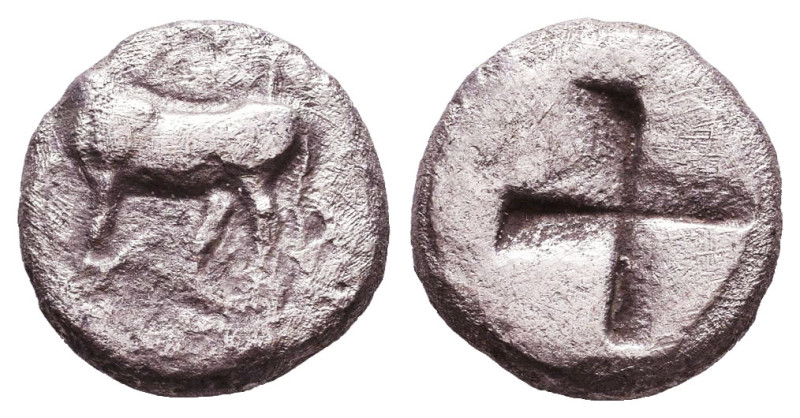 THRACE, Byzantion AR Drachm, c. 387/6-340 BC Obv: ΠΥ, Bull standing on dolphin l...