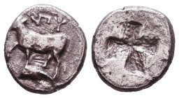 THRACE, Byzantion AR Drachm, c. 387/6-340 BC Obv: ΠΥ, Bull standing on dolphin left, trident head below raised foreleg. Rev: Quadripartite incuse squa...