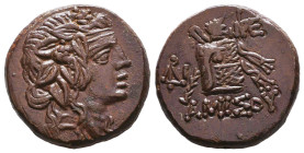PONTOS. Amisos. Time of Mithradates VI Eupator (Circa 105-90 or 90-85 BC). Ae. Obv: Head of Dionysos right, wearing ivy wreath. Rev: AMIΣOY. Thyrsos l...