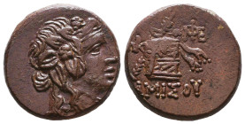 PONTOS. Amisos. Time of Mithradates VI Eupator (Circa 105-90 or 90-85 BC). Ae. Obv: Head of Dionysos right, wearing ivy wreath. Rev: AMIΣOY. Thyrsos l...
