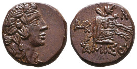 PONTOS. Amisos. Time of Mithradates VI Eupator (Circa 105-90 or 90-85 BC). Ae. Obv: Head of Dionysos right, wearing ivy wreath. Rev: AMIΣOY. Thyrsos l...