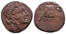 PONTOS. Amisos. Time of Mithradates VI Eupator (Circa 105-90 or 90-85 BC). Ae. Obv: Head of Dionysos right, wearing ivy wreath. Rev: AMIΣOY. Thyrsos l...